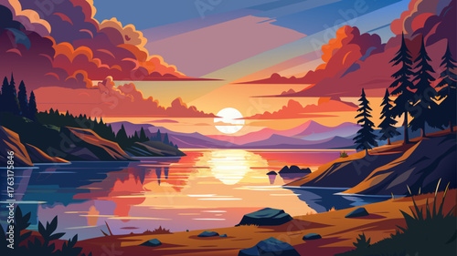 Very beautiful sunset over Beaver Lake near Rogers, Arkansas, where golden light dances across the calm water, surrounded by forested hills and a tranquil evening atmosphere.