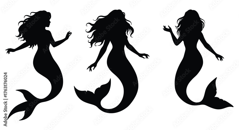 Εκτύπωση καμβά Three elegant mermaid silhouettes gracefully posing with flowing hair and tails