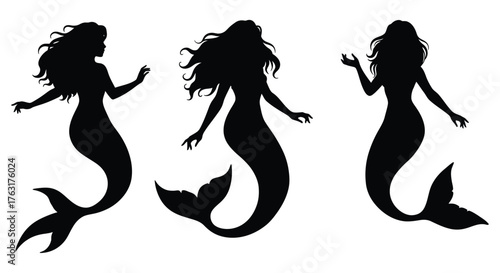 Three elegant mermaid silhouettes gracefully posing with flowing hair and tails