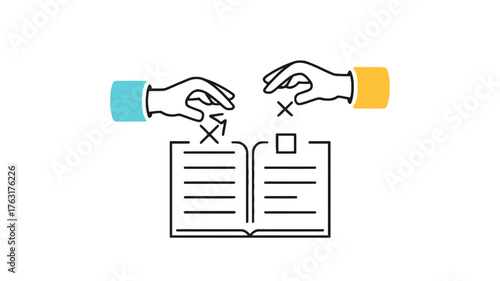 Hands playing tic tac toe over open book