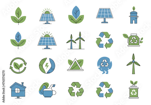 A comprehensive set of vector icons representing ecology, renewable energy sources, and environmental sustainability concepts