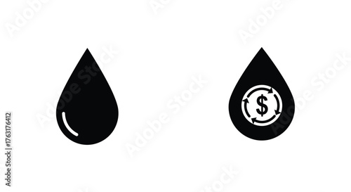 Two black water droplets one with a recycling and dollar symbol