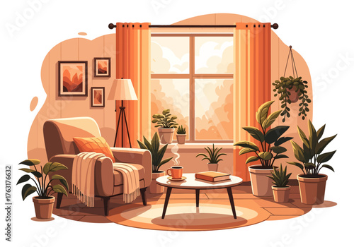Cozy Indoor Oasis A Sunlit Room with Plants and Relaxing Ambiance | Home Decor Illustration