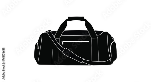 Simple black and white sketch of a duffel bag with shoulder strap