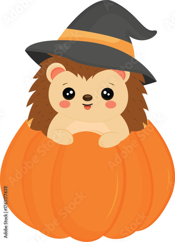 Cute hedgehog wearing a witch hat sits inside a Halloween pumpkin, perfect for spooky season celebrations and autumn-themed designs