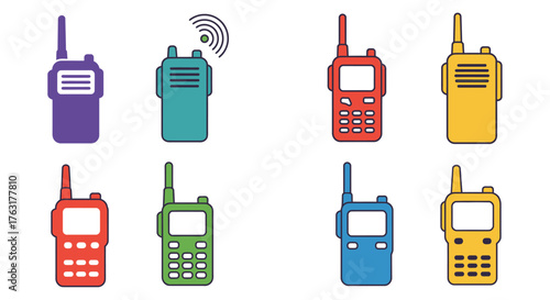 Colorful collection of walkie talkie devices in a simple illustrated style
