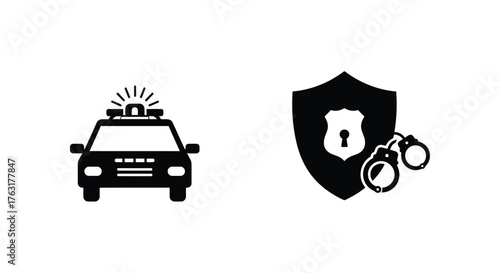 Law enforcement symbols police car shield and handcuffs icon set