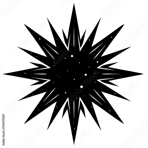 Abstract black starburst explosion with scattered white dots on a white background