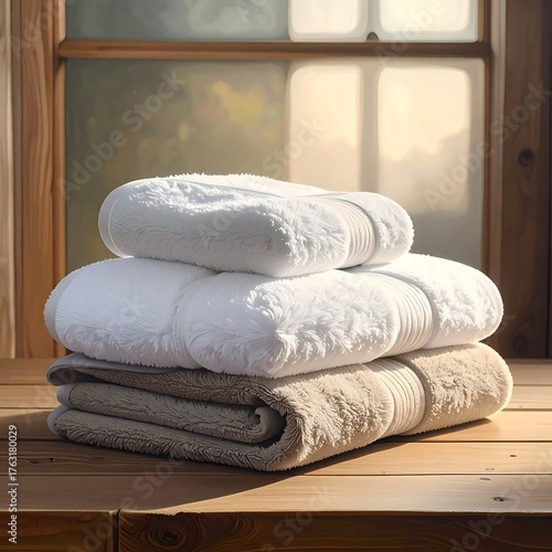Stacked white and beige towels on wooden table near window