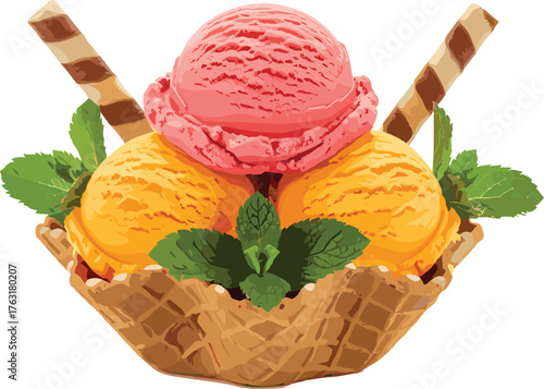 Ice cream dessert illustration, waffle bowl with scoops, mint garnish, chocolate wafer sticks, colorful sweet treat, summer food art, cartoon style, menu design, advertising graphic