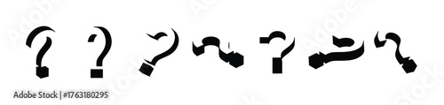 Black question mark 3d icon illustration with different views and angles. Simple monochromatic black question mark icon on a white background., vector illustration.