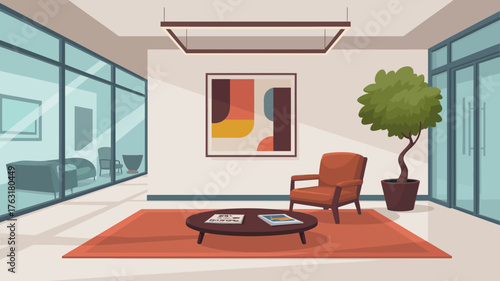 Modern office waiting area with art and plant