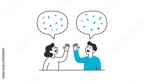 Two people high five with ideas in speech bubbles