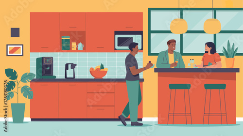 Modern kitchen and bar area with people