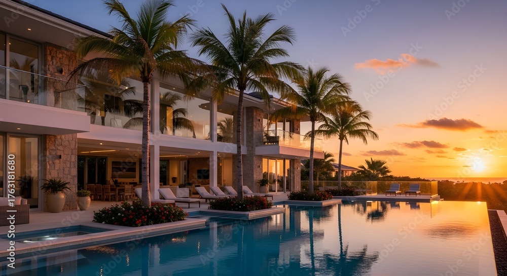 Obraz premium Stunning modern luxury villa with an infinity pool reflecting a beautiful tropical sunset. The architecture features glass walls, palm trees, and a serene outdoor setting, perfect for showcasing luxur