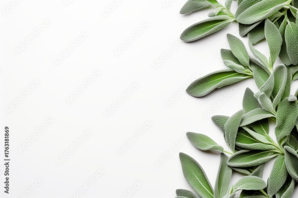 Fototapeta premium Fresh sage leaves border on a white background, offering a vibrant, natural frame with ample copy space