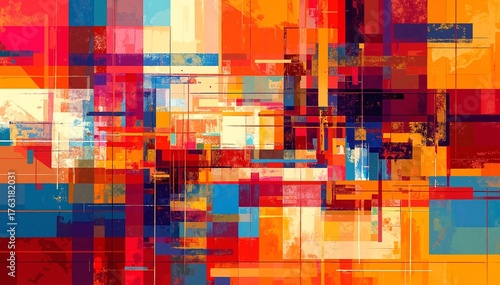 Vibrant abstract background featuring a dynamic arrangement of colorful squares and rectangles in various sizes, creating a lively and energetic composition.