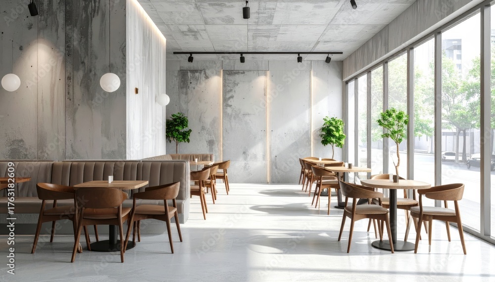 Fototapeta premium Luxury contemporary restaurant dining room interior design with wooden floor, tables, and chairs, indoor nobody
