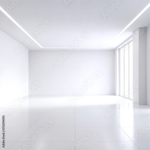 Wallpaper Mural A spacious, empty white room bathed in natural light, featuring large windows that illuminate the minimalist space, creating a serene atmosphere. Torontodigital.ca