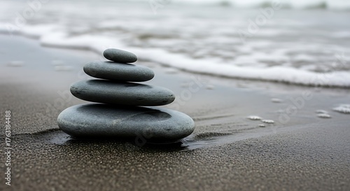 Zen Stones Balance on Beach Harmony, Meditation, Relaxation