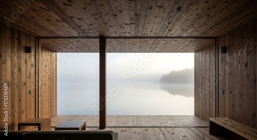 Modern Wooden Cabin Interior Overlooking Misty Lake at Sunrise