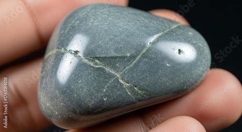 Smooth Grey Jade Stone with Natural Cracks Held in Hand, Macro Detail