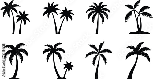 Collection of eight black silhouette palm trees on a white background