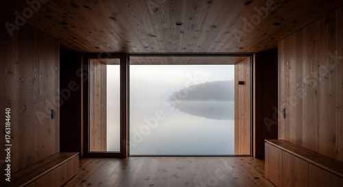 Modern Wooden Sauna with Lake View Window - Serene Retreat  Nature Escape
