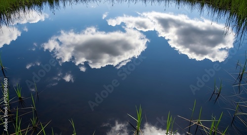 Sky Reflection in Calm Pond Water with Clouds and Grass