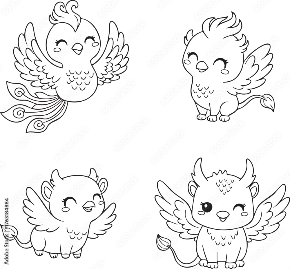 Obraz premium Cute Mythical Creatures Coloring Book Set - Kawaii Fantasy Animals Line Art
