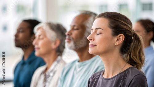 Group of diverse people practicing mindfulness meditation in office for stress relief, focus, and emotional balance promoting workplace wellness, self-care, and positive lifestyle