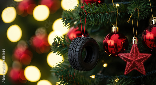 Tire ornament hanging on christmas tree with red decorations