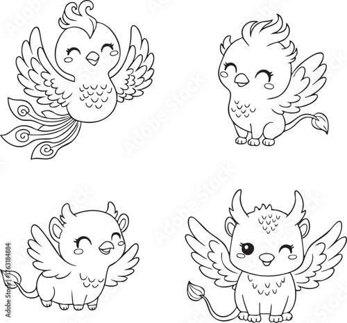 Cute Mythical Creatures Coloring Book Set - Kawaii Fantasy Animals Line Art