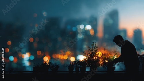 Caring Person Tending to Urban Plants on a Balcony at Dusk