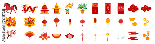A collection of Chinese symbols and images, including a dragon, a lotus flower, and a lantern