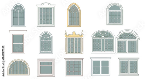 Collection of vintage window frame designs on a white background, isolated on white background