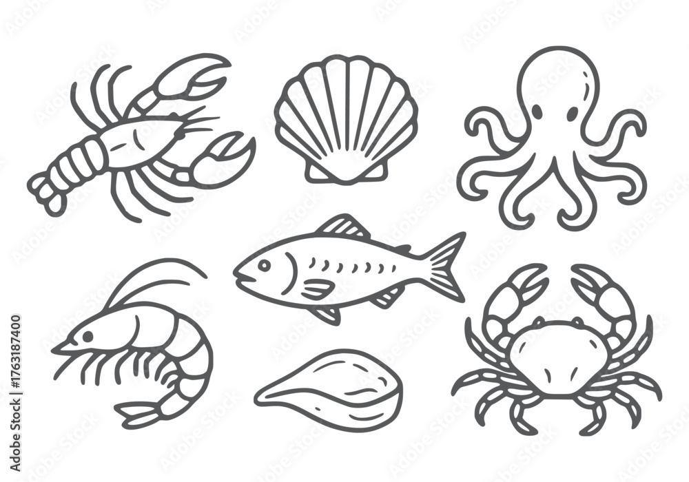 Naklejka premium Line Art Seafood Collection
