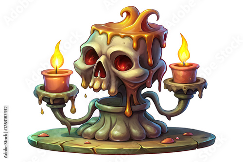 Ancient iron candle holder vector with wax melted over skull shaped base, flickering ominous light