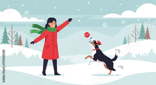 Woman and dog playing fetch in the snow.