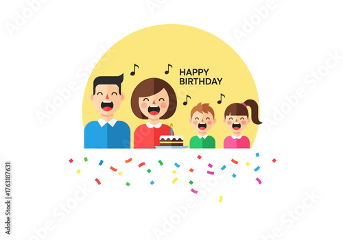 A flat minimalist vector illustration of a family singing happy birthday, celebrations and achievements theme. 