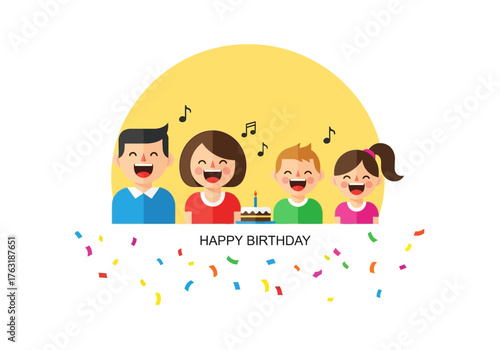 A flat minimalist vector illustration of a family singing happy birthday, celebrations and achievements theme. 