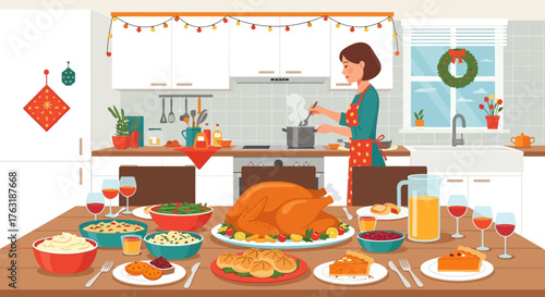 Festive Thanksgiving Feast with Woman Cooking in Kitchen.