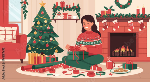Woman happily wrapping Christmas presents by the fireplace.