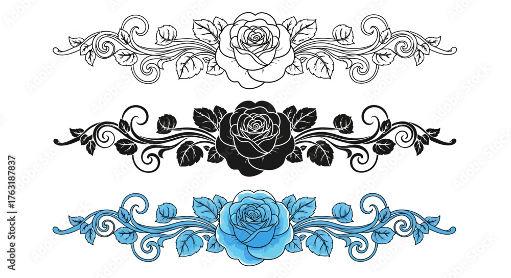 Fototapeta premium Set of three floral dividers isolated on white background