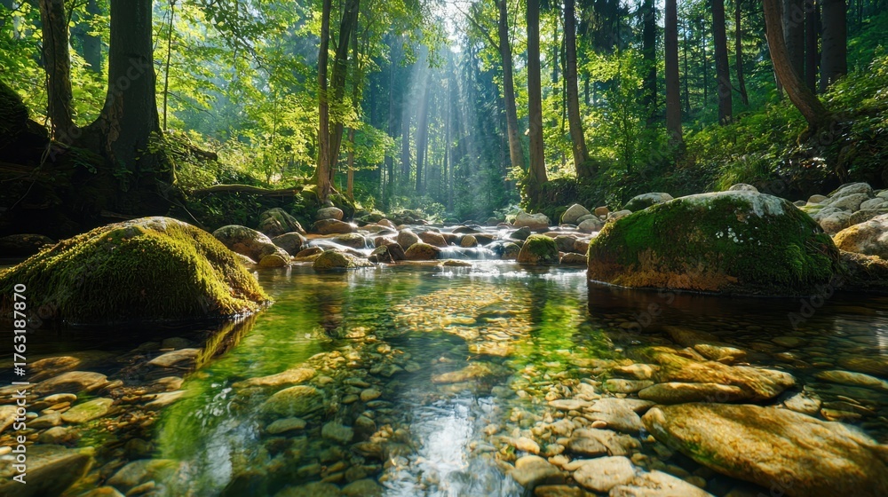 Obraz premium Tranquil Forest Scene with Stream and Sunlight Filtering Through Trees