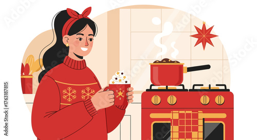Woman in red sweater holding a cup of hot chocolate.