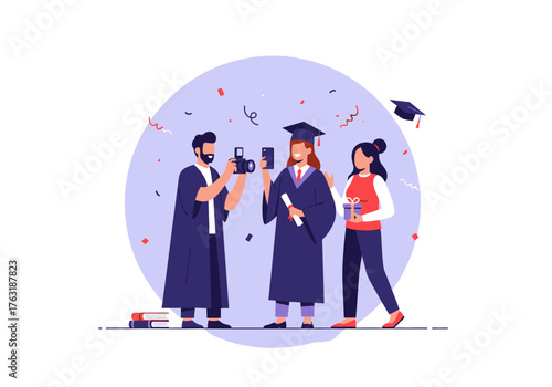 A flat minimalist vector illustration of friends taking photos at a graduation party, celebrations and achievements theme.
