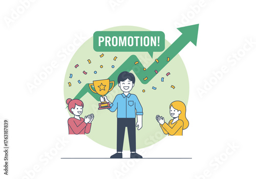 A flat minimalist vector illustration of a young adult receiving a promotion at work, celebrations and achievements theme. 