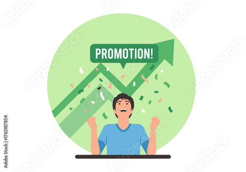 A flat minimalist vector illustration of a young adult receiving a promotion at work, celebrations and achievements theme. 