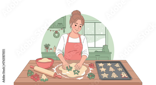 Woman Baking Christmas Cookies with Cookie Cutters and Dough.